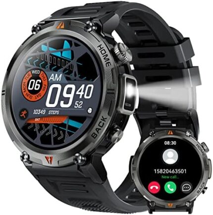 Military Smart Watch for Men with LED Flashlight 1.45” Rugged Waterproof Smart Watch with 100+ Sports Modes Fitness Tracker with Heart Rate Sleep Monitor Tactical Smartwatch for iPhone Samsung