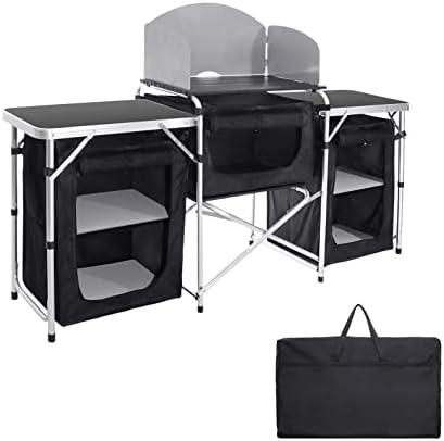 Moosinily Portable Kitchen Camping Table with Storage Aluminum Folding Table Outdoor Cooking Station with Windscreen Cupboards for BBQ, Party, Outdoor Cooking Black