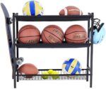 Mythinglogic Garage Sports Equipment Organizer, Sports Gear Storage for Kids, Wall Mount Garage Organizer and Storage with Hooks, Black Steel Garage Ball Storage,Basketball Rack
