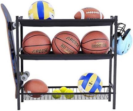 Mythinglogic Garage Sports Equipment Organizer, Sports Gear Storage for Kids, Wall Mount Garage Organizer and Storage with Hooks, Black Steel Garage Ball Storage,Basketball Rack