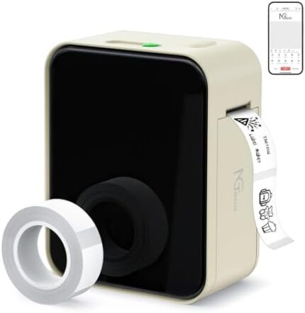 NGTeco Bluetooth Label Maker Machine with Tape, Portable Wireless Thermal Label Printer, Multiple Templates Font Icon for Home School Small Business Office Organizing (Beige)
