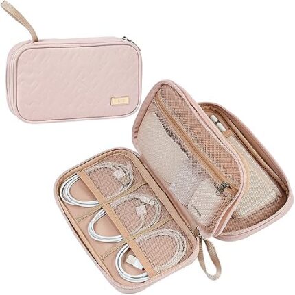 NISHEL Cord Electronic Organizer, Travel Tech Case double Layers, Packing Essentials for Charger, Cable, Phone, Flash drive, Pink