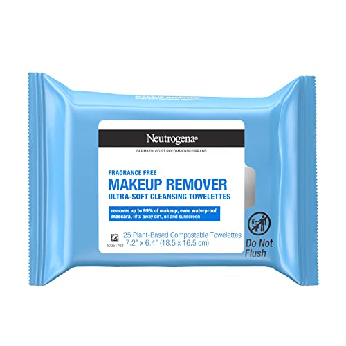 Neutrogena Fragrance-Free Makeup Remover Wipes, Daily Facial Cleanser Towelettes, Gently Neutrogena Fragrance-Free Makeup Remover Wipes, Daily Facial Cleanser Towelettes, Gently Removes Oil & Makeup, Alcohol-Free Makeup Wipes, 25 ct
