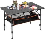 Night Cat Camping Table with Storage Basket Foldable Picnic Table for Outdoor Indoor Lightweight Rustless Adjustable Height 1.7-3ft BBQ Garden Backyard 75KG 37x22in