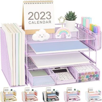 OPNICE Paper Clip Holders Desk Organizers and Accessories, 4-Tie Paper Leter Tray Organizer with 2 Pen Holders and File Holder, Desk Organizer with Drawer, Ofice Desk Accesorie for Office Supplies