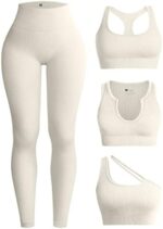 OQQ Womens 4 Piece Workout Outfits Ribbed Yoga High Waist Leggings with 3 Piece Crop Tops with Sports Bra Exercise Set