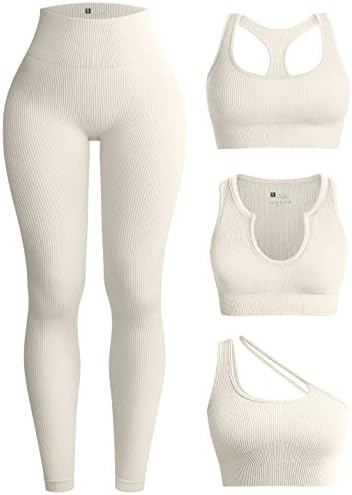 OQQ Womens 4 Piece Workout Outfits Ribbed Yoga High Waist Leggings with 3 Piece Crop Tops with Sports Bra Exercise Set