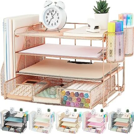 ORDROLL Desk Paper Organizers and Accessories - 4-Tier Paper Letter Tray Organizer with File Holder,Drawer and 2 Pen Holders,Desk Accessories & Workspace Organizers for Office,School,Home (Rose Gold)