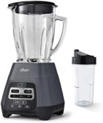 Oster Blender for Shakes, Smoothies and Salsas, 48 oz. Dishwasher-safe Glass Jar, 24-oz. Sports Bottle, 3 manual speeds and Pulse, Grey