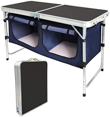 Outdoor Folding Table, Camping Folding Tables with 3 Adjustable Height Legs and Storage Organizer for BBQ, Party, Picnic, Camping (Black)