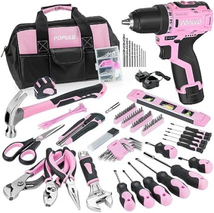 POPULO Pink Home Tool Kit 236-Piece with Brushless 12V 2000mAh Cordless Drill Driver, Lady's Basic Tool Set with 12-Inch Pink Tool Bag, Power Drill Sets Combo Kit for Women, House, DIY