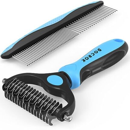 Pet Grooming Brush and Metal Comb, Cat Brush Undercoat Rake for Dogs Grooming Supplies Dematting Deshedding Brush for Shedding, Deshedder Brush Dogs Shedding Tool for Long matted Haired Pets, Blue