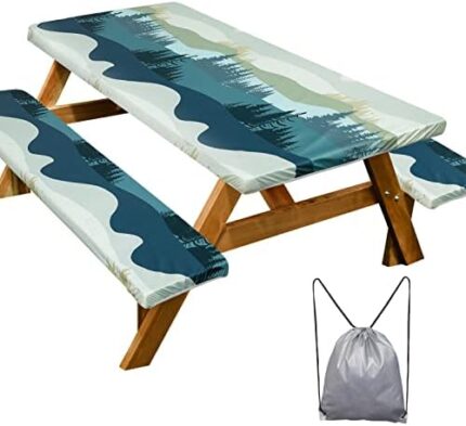 Picnic Table Cover with Bench Covers 6FT 3PCS Waterproof Windproof Camping Tablecloth with Drawstring Bag, Fitted Rectangle Tables and Seats, 72in, Green Blue