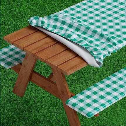 Picnic Table cover With Bench Covers -Fitted With Elastic, Vinyl With Flannel Back, Fits For Table 28"x 72" Rectangle,Water Proof, Easy to Clean, Checked Green Design, by SORFEY