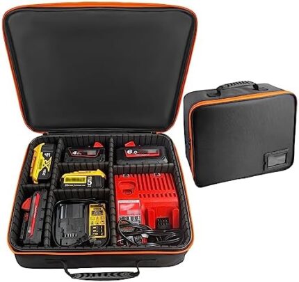 Portable Tool Battery Hard Carrying Case fits for Dewalt/Milwaukee/Makita/Ryobi 12V/18V/20V Battery & Charger,Power Tool Box Storage Bag with Adjustable Dividers for Small Parts & Hardware Organizer