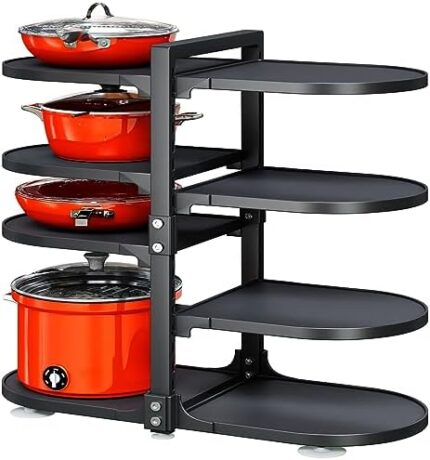 Pot and Pan Organizer for Cabinet, 8 Tier 21” Adjustable Cabinet Pan Organizer Rack Heavy Duty Pot Rack for Kitchen Storage, Snap-on Pot Pan Organizer with Panels for Stockpot and Steamer (Round)