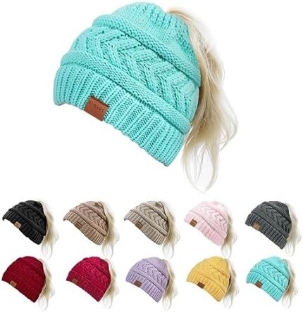 Pukavt 1&2 Pack Winter Hat Ponytail Beanie Hat for Women，Soft Stretch Cable Knit Messy Bun Beeanie,Trendy and Warm