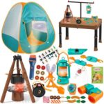 Qtioucp Kids Camping Set 50pcs with Tent/Table & Children’s Projector Flashlight- Outdoor Campfire Toy Set for Toddlers Kids Boys Girls - Pretend Play Camp Gear Tools for Birthday Christmas