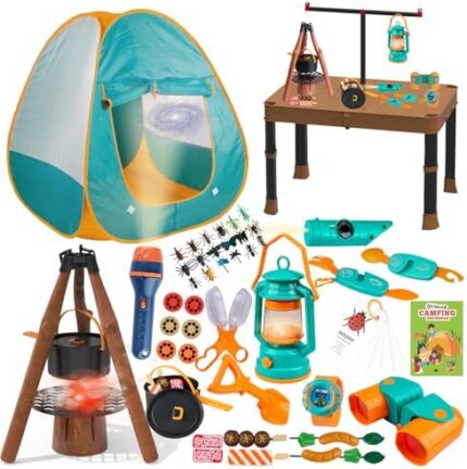 Qtioucp Kids Camping Set 50pcs with Tent/Table & Children’s Projector Flashlight- Outdoor Campfire Toy Set for Toddlers Kids Boys Girls - Pretend Play Camp Gear Tools for Birthday Christmas