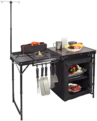 REDCAMP Portable Camping Kitchen Table with Storage Organizer and Hooks, Folding Camping Cook Station for BBQ, Party and Picnic