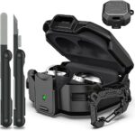 RFUNGUANGO for Samsung Galaxy Buds 2 Pro/Buds Pro/Buds Live/Buds 2 Case Cover, Military Carbon Fiber case with Keychain/Zipper/with Cleaner Kit(Anti-Drop Lock)-Black