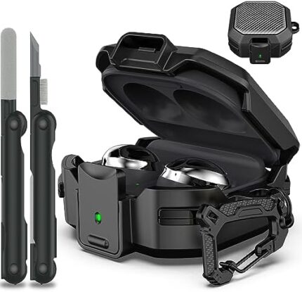 RFUNGUANGO for Samsung Galaxy Buds 2 Pro/Buds Pro/Buds Live/Buds 2 Case Cover, Military Carbon Fiber case with Keychain/Zipper/with Cleaner Kit(Anti-Drop Lock)-Black