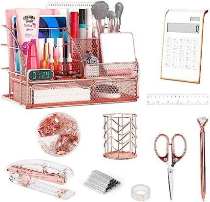 Rose Gold Desk Organizers and Accessories, Office Supplies with Calculator, Acrylic Stapler, Pen Holder, Clips, Scissor Pen, Mesh Desktop Organizer with Drawer for Women, Student, Office, School