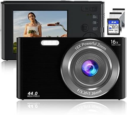 Saneen Digital Camera, FHD 2.7K Cameras for Photography, 44MP Kids Camera Small Compact Digital Camera for Teens, Adults & Beginners with 32GB SD Card, 16X Zoom, Two Rechargeable Batteries-Black