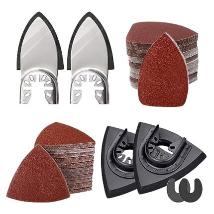 Sankuai 206pcs Oscillating Tool Detail Sanding Pads Kit, 2pcs Triangle Sanding Pads, 2pcs Finger Sanding Pads, 2pcs C-Clip Adapters, 200pcs 40mm 80mm Multitool Sandingpaper for Wood Plaster Sanding