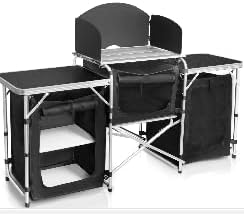 Seatopia Folding Camping Kitchen Table,Portable Camping Kitchen Station with 3 Storage and Windscreen,Foldable Cooking Table for BBQ Grill Party Picnics,Black