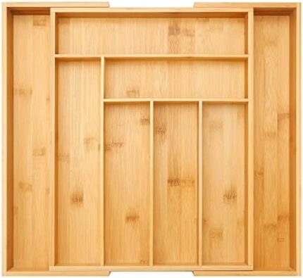 Secura Bamboo 𝗘𝘅𝗽𝗮𝗻𝗱𝗮𝗯𝗹𝗲 𝗗𝗿𝗮𝘄𝗲𝗿 𝗢𝗿𝗴𝗮𝗻𝗶𝘇𝗲𝗿, Silverware Utensil Holder and Cutlery Tray for Kitchen, Office, Bathroom and Home (8 Expandable Compartments)