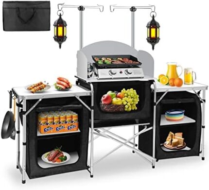 Seeutek Camping Kitchen Table Aluminum Portable Outdoor Cooking Table Foldable Camp Table with Windscreen, Hooks, Lantren Hanger and 3 Storage Organizer Multifunctional for BBQ, Party and Picnic