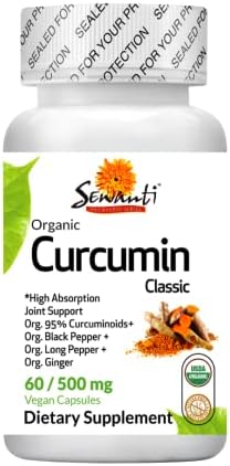 Sewanti Organic Curcumin Extract 95% with Black Pepper, Indian Long Pepper and Ginger 60 Vegan Capsules