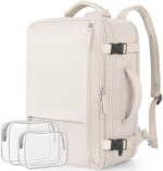 Snoffic Reliable Travel Backpack for Women Men, Carry On Backpack Personal Item, Waterproof College Backpack, Business Work Hiking Casual Daypack Bag, Fits 17.3" Laptop, Beige