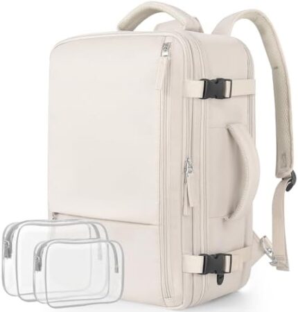 Snoffic Reliable Travel Backpack for Women Men, Carry On Backpack Personal Item, Waterproof College Backpack, Business Work Hiking Casual Daypack Bag, Fits 17.3" Laptop, Beige