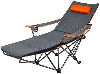 Suntime Adjustable Reclining Lounge Mesh Chair, Portable Folding Camping Chair with Removable Cotton Cushion, Footrest, Sponge Pillow, Cup Holder, Side Pocket, Carry Bag - Orange