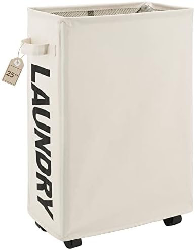 TOTANKI 25" Rolling Slim Laundry Basket with Handle on Wheels (4 Colors), Foldable Laundry Hamper, Collapsible Laundry Sorter and Organizer, Tall Storage Basket Bin (Beige)