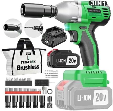 Tegatok Cordless Impact Wrench, Power Impact Gun 1/2 (430N.m), 2400 RPM Brushless Impact Driver with 4000 mAH Battery, Fast Charger, 6 Sockets & Tool Bag, 3-in-1 Electric Impact Wrench for Car Home