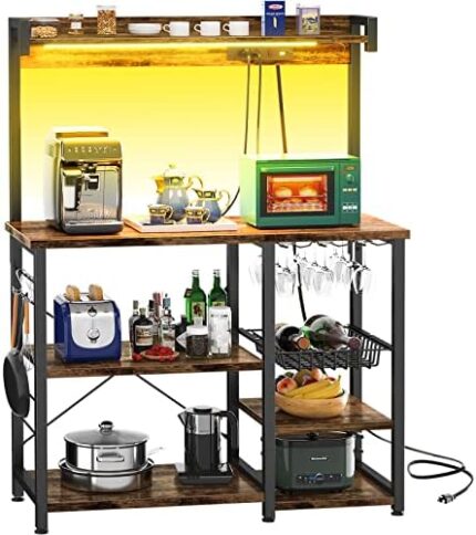 Topfurny Bakers Rack with Power Outlet, Microwave Stand, Kitchen Storage Shelf with Led Lights, Coffee Bar Station with Wine Glass Holder, Kitchen Rack for Spices, Pots, and Pans, Rustic Brown