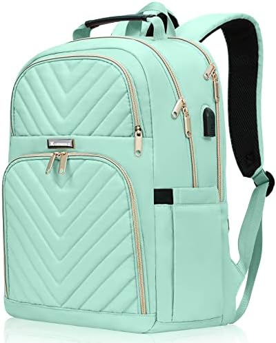 Travel Laptop Backpack, School Backpack for Teens, 15.6 Inch Quilted Work Backpack Purse with USB Charging Port, Large Anti-theft Teacher Bookbags for Boys Girls, Casual Daypacks for Men Women, Teal