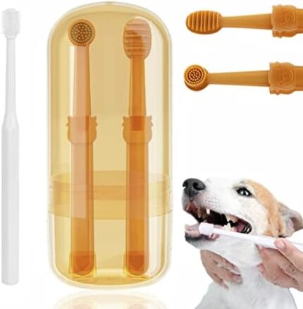 Tsxurepaw Cat & Dog Toothbrush Kit, 360 Degree Silicone Toothbrush with Storage Cup, 3 Pack Doggie Kitten Toothbrushes Tongue Cleaning Brush, Dental Care for Ferret Dutch Pigs