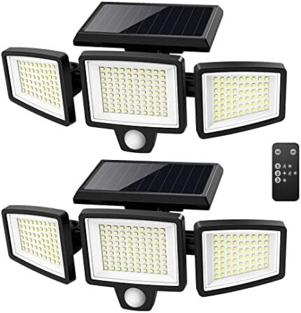 Tuffenough Solar Outdoor Lights 2500LM 210 LED Security Lights with Remote Control,3 Heads Motion Sensor Lights, IP65 Waterproof,270° Wide Angle Flood Wall Lights with 3 Modes(2 Packs)