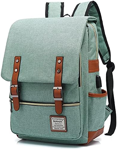 UGRACE Vintage Laptop Backpack with USB Charging Port, Elegant Water Resistant Travelling Backpack Casual Daypacks College Shoulder Bag for Men Women, Fits up to 15.6Inch Laptop in Green