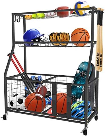 Uboway Garage Sports Equipment Organizer: Sports Equipment Organizer for Ball Storage, Garage Storage System with Basket and Hooks, Indoor or Outdoor Gear Storage for Sports and Toys