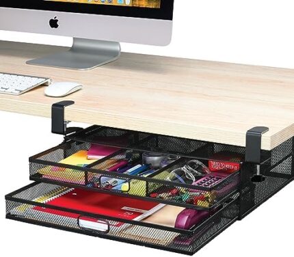 Under Desk Drawer Organizer Clamp-On, Mesh Metal Desk Drawer Attachment, 2 Drawer Slide Out, On Desk Or Under Desk Organizer For Office Supplies & Home Essentials
