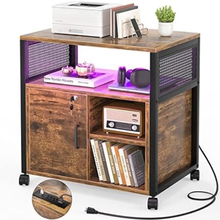 Unikito File Cabinet with LED Lights and Power Outlets, Rolling Printer Stand with Storage and USB Charging Ports, Lateral Office Filing Cabinet for Letter, A4, Legal and File Folders, Rustic Brown
