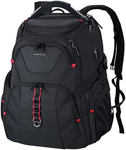 VANKEAN 17.3'' Travel Laptop Backpack TSA Friendly, Water Resistant Anti Theft Extra Large Backpack with RFID Pockets College Backpacks with USB Port for Men Women Business Work Bag, Black