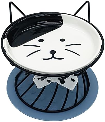 VCEPJH Elevated Shallow Cat Food Bowls Raised Cat Plate Ceramic Cat Dish with Metal Stand Non-Slip Mat Whisker Fatigue Pet Food & Water Feeder for Kitty Kitten (Black)