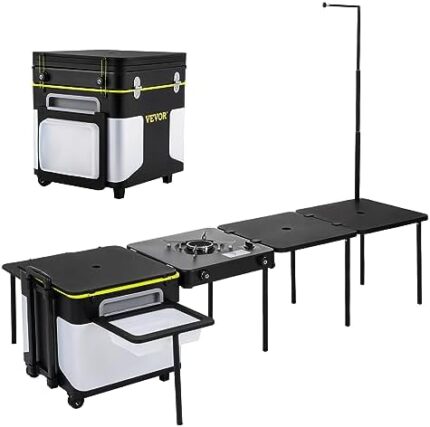 VEVOR Camping Kitchen, Outdoor Cooking Station Multifunctional Integrated Box with Wheels & Windproof Stove Portable Folding Tables Storage Organizer, for Picnic BBQ Beach Traveling, Black