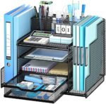 VIVSOL Desk Organizers and Accessories, 4-Tier Office Supplies Desk Organizer with 2-File Organizer with Sliding Drawer, 3 Trays and Large Capacity Pen Holder, Mesh Desk Accessories, Black (4-Tier)